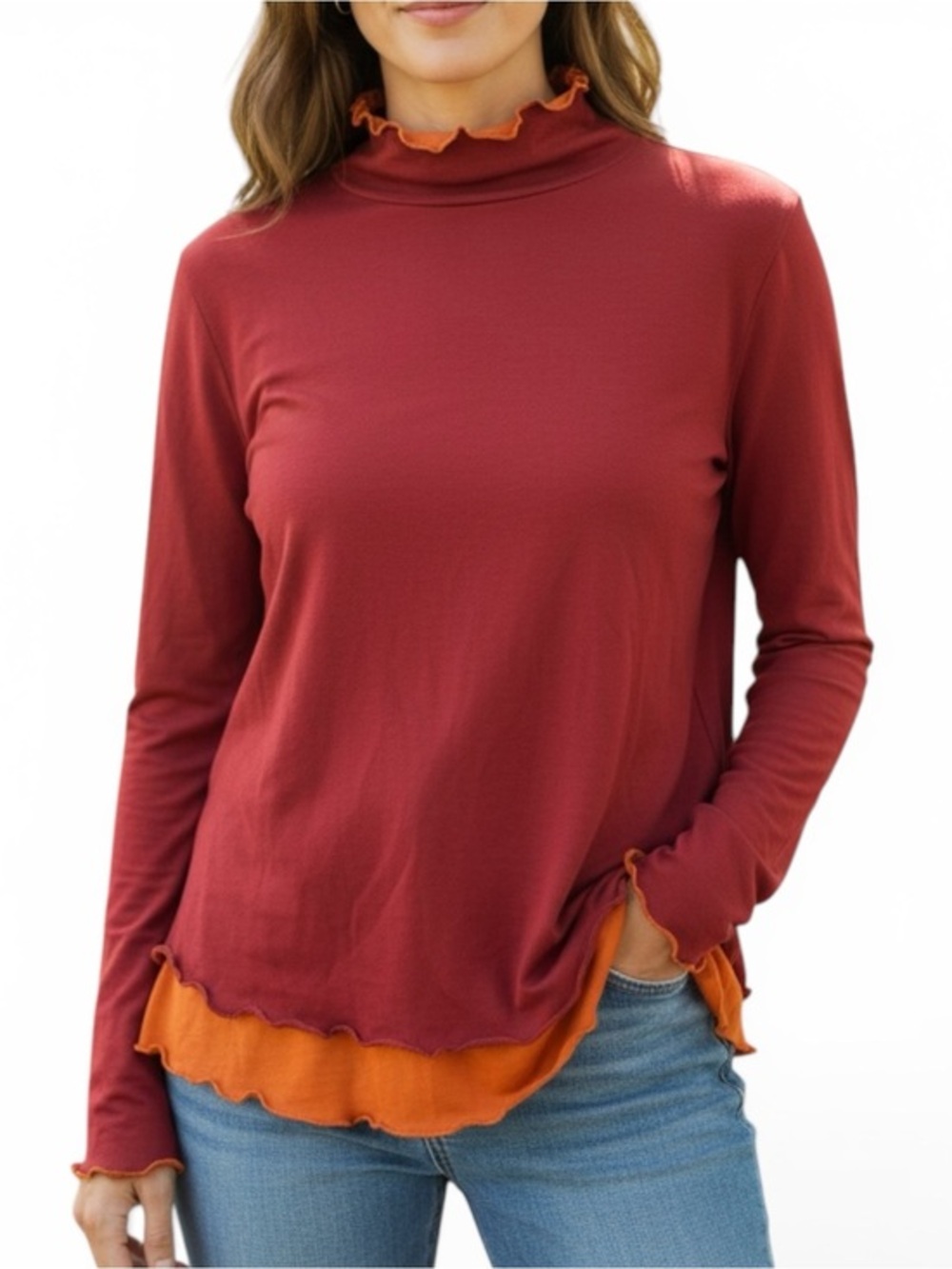 Athleta long sleeve double layer turtle neck ruffle hems maroon and orange